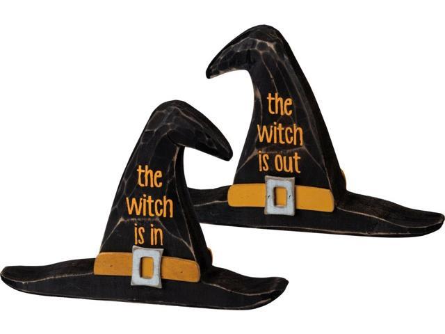 NEW~HALLOWEEN Primitive Wood Chunky Sitter~Hat~The Witch Is In/The Witch Is Out