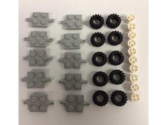 New Lego 30 Pc Lot: 10 Axels 10 Wheel Hubs & 10 Black Tires