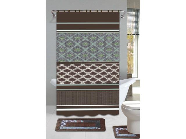 Olivia Brown & Blue 18-Piece Bathroom Accessory Set 2 Bath Mats Shower Curtain