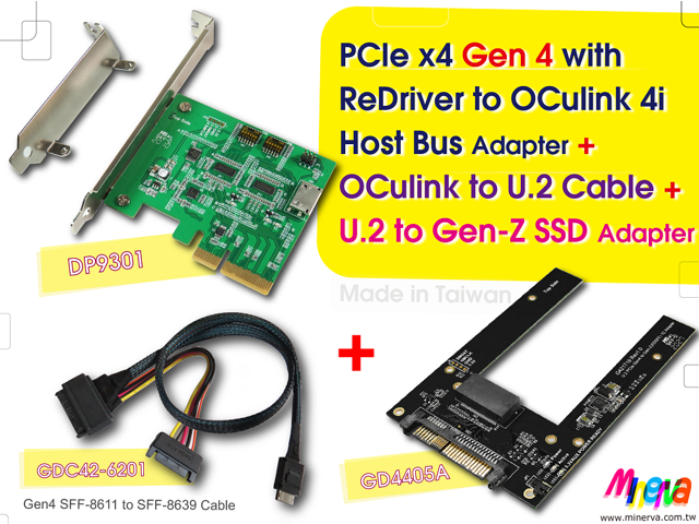 PCIe 4.0 Oculink 4i to U.2 cable, 50cm & U.2 to M.2 NVMe SSD Adapter KIT