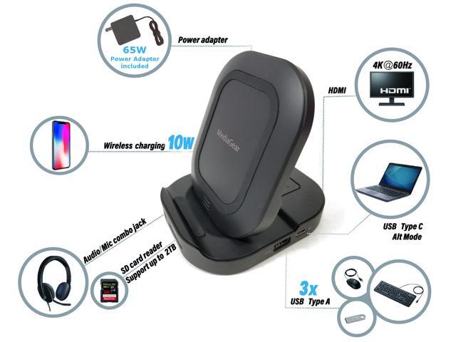 MediaGear Travel USB C Dock w/ 45W Power Delivery Wireless Charger 4K@60HZ HDMI SD Card Reader 3X USB 20 Ports Audio/Mic Jack Thunderbolt 3