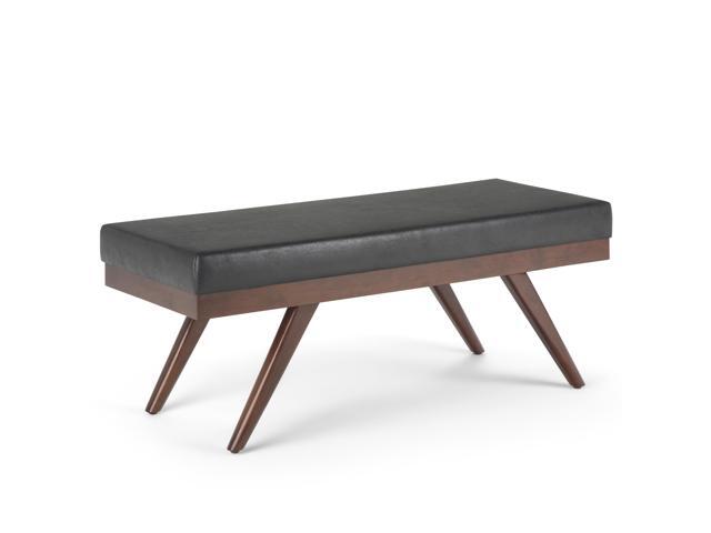 Chanelle 48 inch Wide Mid Century Modern Rectangle Ottoman Bench in Distressed Black Faux Air Leather