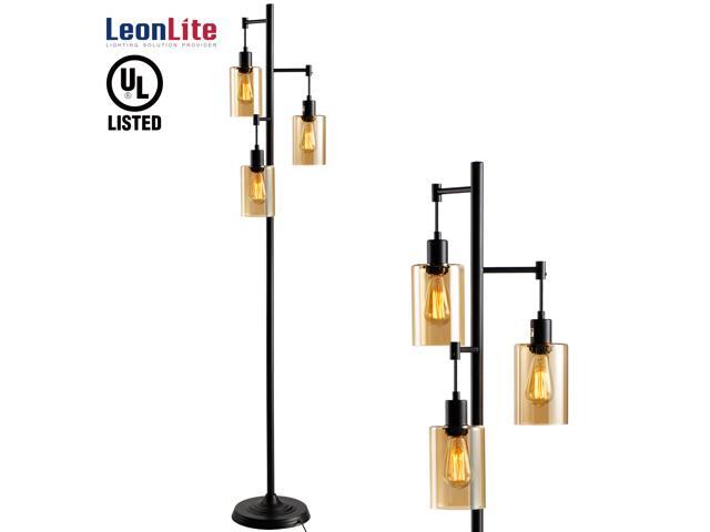 LEONLITE 40W Amber Glass Track Tree Floor Lamp with 3 Bulbs 3-Head Retro Industrial Style Torchiere Lamp Fixture UL Listed 2-Year Warranty for