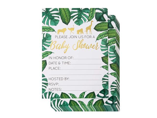 Baby Shower Invites Party Supplies for Gender Neutral and Co-Ed Baby Showers or Parties 36 Fill-in Baby Shower Invitations with Envelopes Tropical Safari Animal Theme 5 x 7 Inches Juvale Green Palm Leaves with Gold Foil Designs 