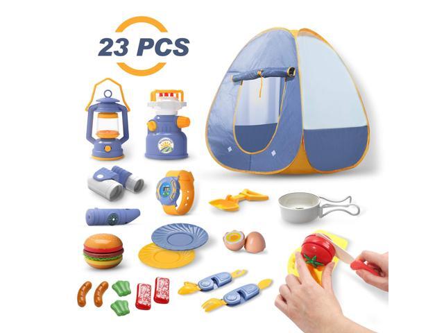 DEERC Kids Camping Tent Set Toys 23pcs Includes Pop Up Play Tent Camping Gear Tools Adventure Set Play Kitchen Food Set Indoor and Outdoor Toys
