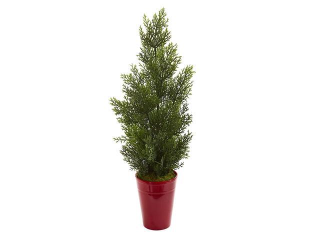 Nearly Natural 27-in Mini Cedar Artificial Pine Decorative Planter (Indoor/Outdoor) Silk Trees Red