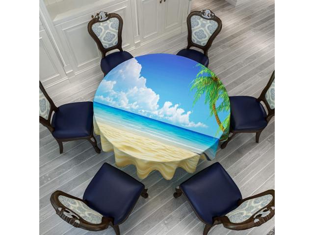 VVA Round Tablecloth - Beach Sea Landscape with Palm Tree Leaves Clouds and Tropical Ocean Sand - Round Table Cover for Dining Rooms and Kitchens
