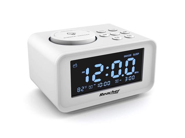 REACHER Dual Alarm Clocks Radio with Dimmer Dual USB Charging Ports 6 Wake up Sounds Adjustable Alarm Volume Snooze Thermometer Display FM