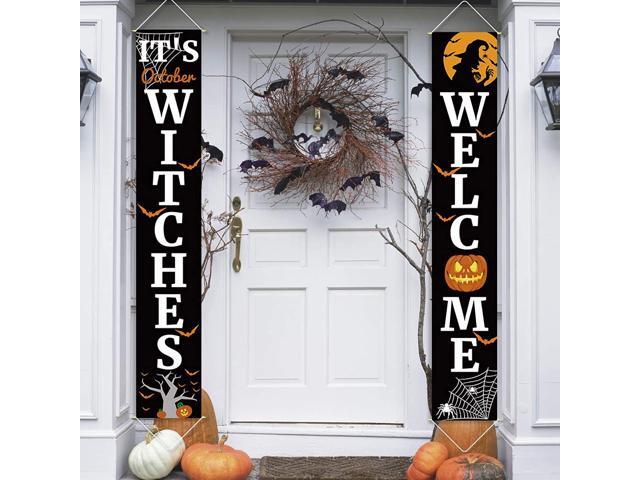Ivenf Halloween Porch Sign Banners Set 2 Pcs Its October Witches & Welcome Hanging Decorations for Home Outdoor Indoor Wall Front Door Decor
