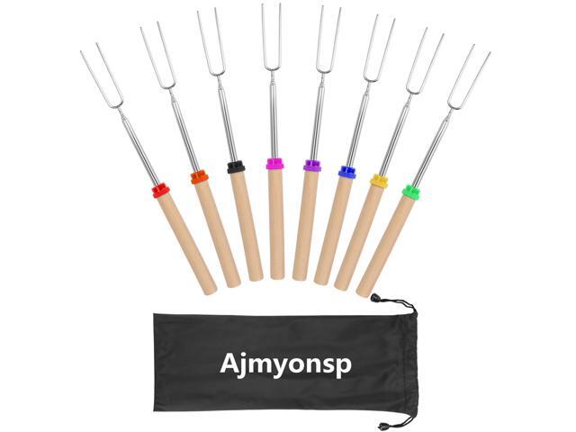 Ajmyonsp Marshmallow Roasting Sticks with Wooden Handle Extendable Forks Set of 8Pcs 32Inch Telescoping Smores Skewers for Campfire Firepit and