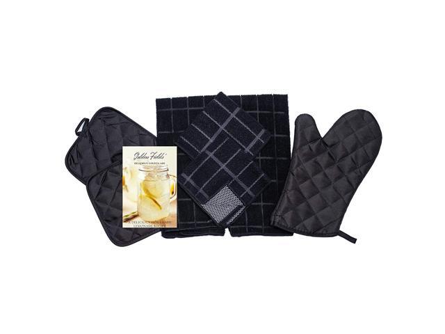 Home Collection 8 Piece Kitchen Towel Set with Dish Cloths Pot Holders and Oven Mitt Bundle (Black)