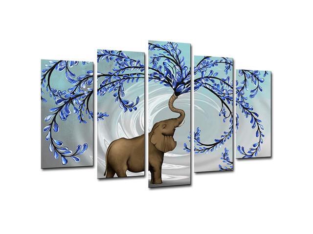 KLVOS Large 5 Panel Blue Tree Wall Art with Elephant Painting Wall Decor for Living Room Bedroom Original Painting Picture Giclee Prints on Canvas