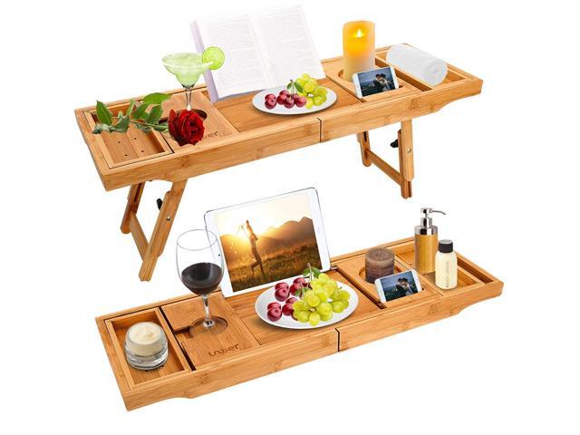 Bathtub Caddy Tray Bath Table with Extending Sides Bamboo Bath Tub Trays Tablet with Wine and Book Holder Cell phone Tray and Wine Glass Holder