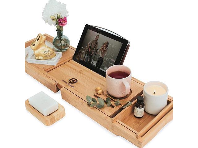 PRISTINE BAMBOO Bathtub Caddy - Eco-friendly Waterproof Book Wine iPad Holder - Expandable Wood Tray For Bath - For Uninterrupted Relaxing
