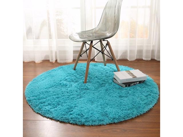 junovo Round Fluffy Soft Area Rugs for Kids Girls Princess Castle Plush 4ft blue