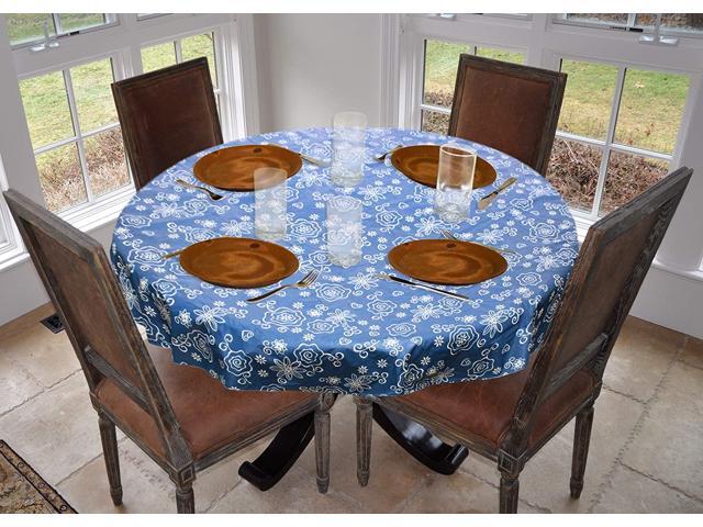 LAMINET Fanciful Flowers Blue Round Drop - 70' Diameter Vinyl Table Cover