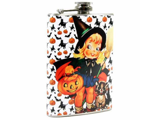8 oz Steel Hip Flask Little Witch Pumpkin Retro Vntg Halloween Liquor Gift Decor