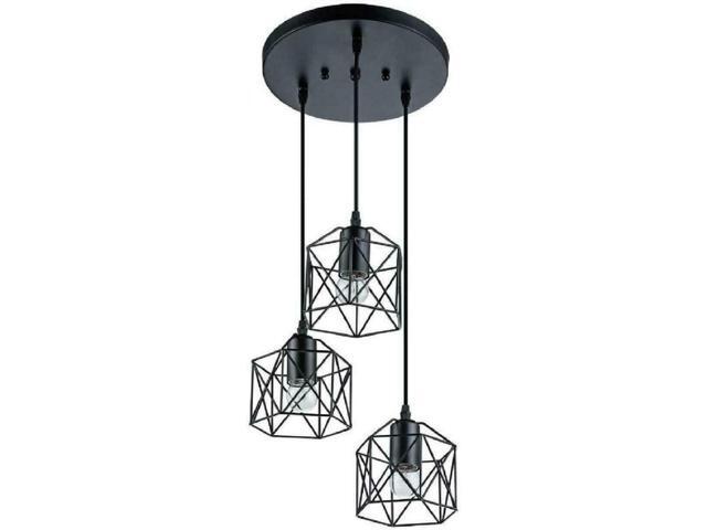 Industrial 3-Light Pendant Lighting with Black Metal Cage Shade Adjustable Pen