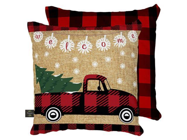 Red Checkered Truck Christmas Decorative Pillow Welcome Tree Indoor Outdoor 17'