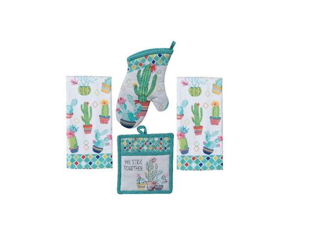 Kitchen Linen Set - Cactus Garden Design 4 Piece Bundle Includes 2 Terry Towels 1 Oven Mitt and 1 Potholder
