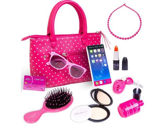PixieCrush Pretend Play Kid Purse Set for Girls with Handbag Pretend Smart Phone Keys with Remote Pretend Makeup Lipstick - Interactive & 