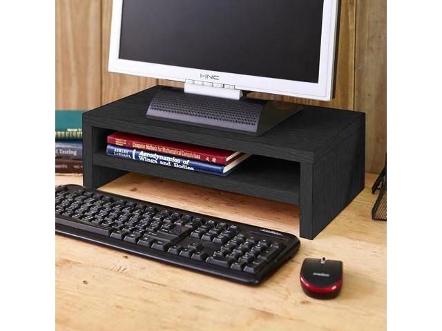 Way Basics 167'W 2-Shelf Simple Computer Monitor Stand Riser Black Wood Grain- Lifetime Guarantee