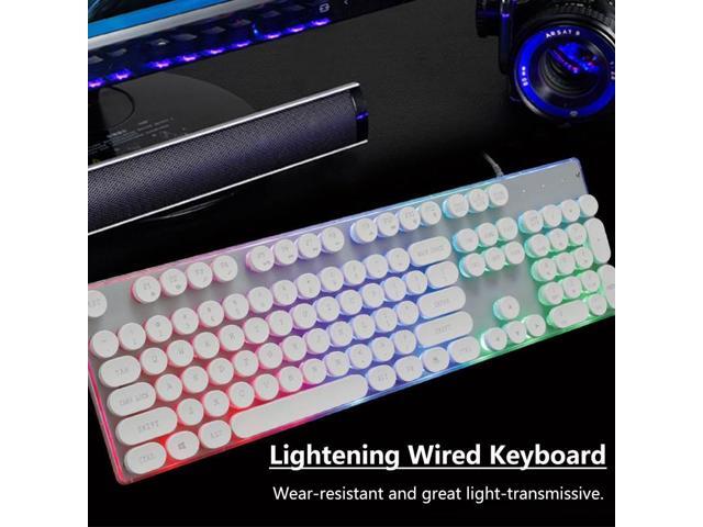 Backlit Gaming Keyboard White Retro Round 104 Keys Mute Suspension Keycap USB Wired Glowing Metal Panels For Tablet Desktop