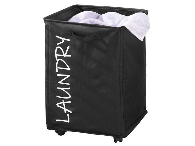 mDesign Fabric Laundry Hamper Basket with Handles Drawstring Mesh Closure Wheels - Portable and Foldable for Compact Storage - Single Hamper