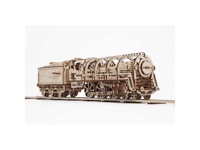 UGEARS Locomotive with Tender Mechanical 3D Puzzle Wooden Construction Set Business Gift Christmas and Thanksgiving Present Adult Craft Set