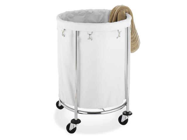 Whitmor Round Commercial Removable Liner and Heavy Duty Wheels-Chrome Laundry Hamper Silver and White