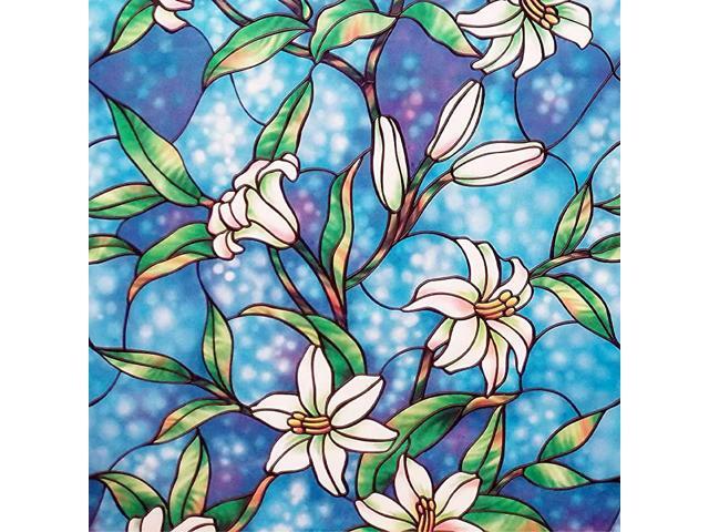 Privacy Window Film Stained Glass Window Film NonAdhesive Frosted Magnolia Glass Film Decorative Static Cling Window Film for Home UV