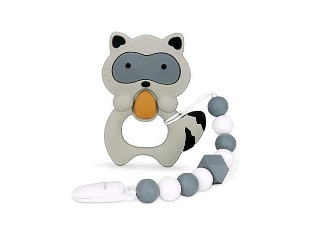 Baby Teething Toys Teething Pain Relief Silicone Teether with Pacifier Clip Natural BPA Free Raccoon for Freezer Best Newborn Shower Gifts for