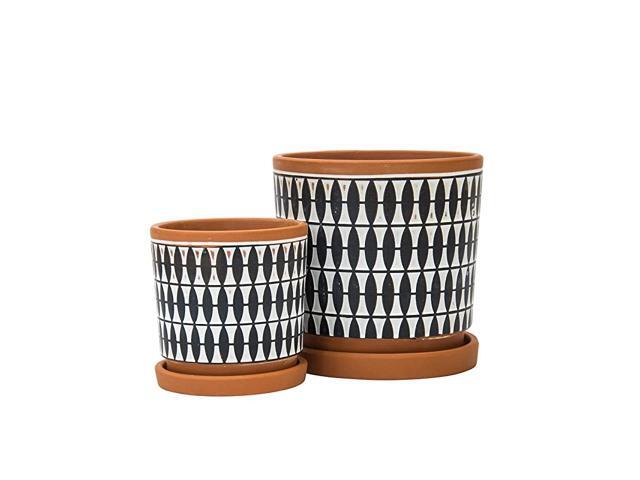 of 2 Geometric Seamless Design Terracotta Planter Pot 4 Inch and 6 Inch Ceramic Plant Pot with Drainage Hole and Tray Pottery RedBlack