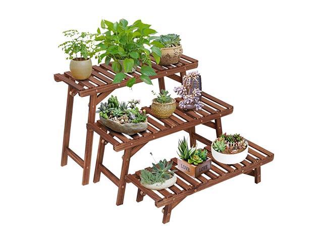 Freestanding 3 Tier Step Design Plant Stand Indoor Outdoor Wood Plant Shelf Display Rack Ladder Flower Pot Holder Planter Organizer