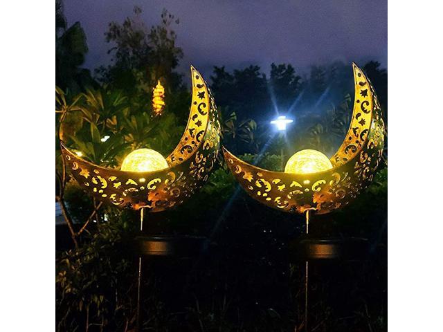 Powered Garden Lights 2 Pack Antique Brass HollowCarved Metal Moon with Warm White Crackle Glass Globe Stake LightsWaterproof Outdoor for