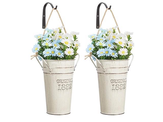 Metal Wall Planter Hanging Country Home Wall Vase with Hooks Farmhouse Rustic Wall Decor Pot for Plants Flower Home Decoration Set of 2 White