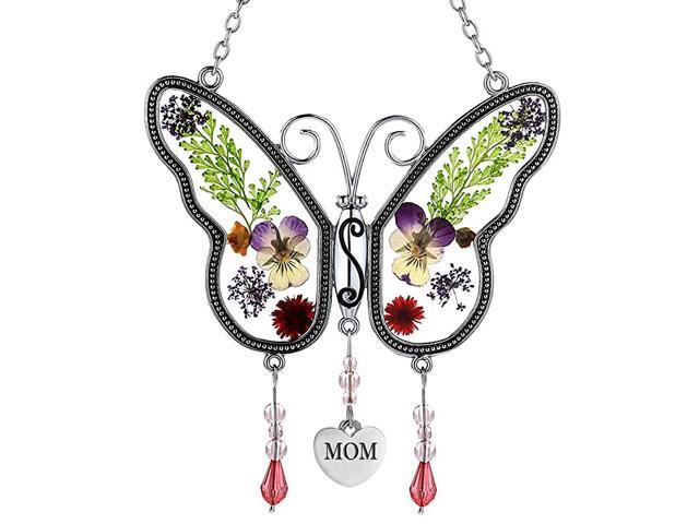 Butterfly Suncatchers Glass Mother Wind Chime with Pressed Flower Wings Embedded in Glass with Metal Trim Heart Charm Gifts for for Birthdays