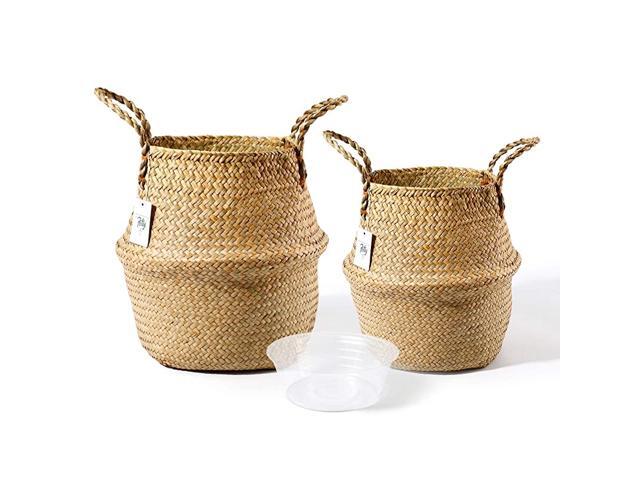 720101 Seagrass Plant Basket Set of 2 Hand Woven Belly Basket with Handles Middle Storage Laundry Picnic Plant Pot Cover Home Decor and Woven Straw