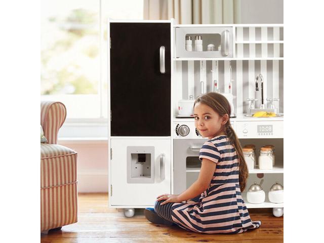 Costway Wood Kitchen Toy Kids Cooking Pretend Play Setw/ Utensils Sounds & Wordpad White