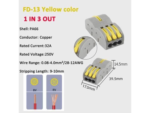 FD-13 Orange/Yellow/Blue/Green Wire Connector 1 In 3 Out Wire Splitter Terminal Block Compact Wiring Cable Connector Push-in Conductor-Yellow