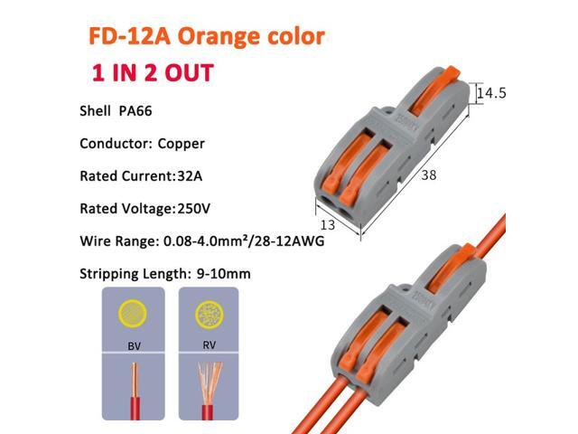 FD-12A/FD-12T Wire Connector 1 In 2 Out Wire Splitter Terminal Block Compact Wiring Cable Connector Push-in Conductor-Orange
