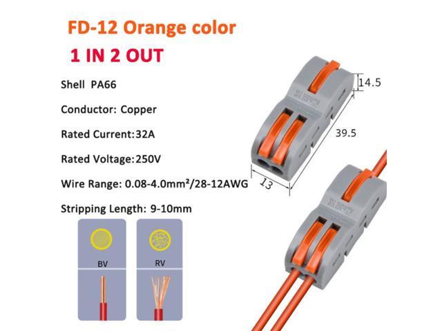 FD-12 Orange/Yellow/Blue Wire Connector 1 In 2 Out Wire Splitter Terminal Block Compact Wiring Cable Connector Push-in Conductor-Orange
