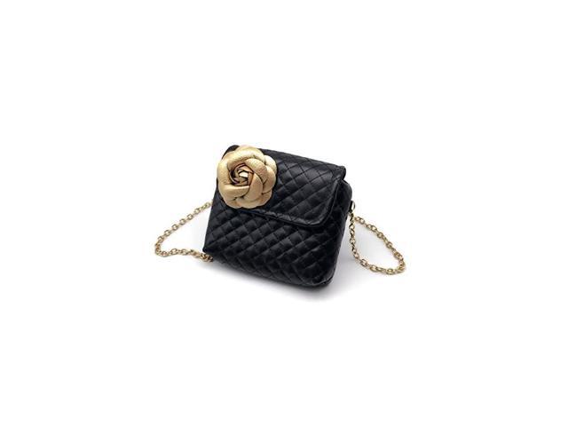 Kids Girl Quilted Leather Crossbody Handbag Purse Chain Bag Little Girl Metal Chain Strap Bag Black with Gold Flower