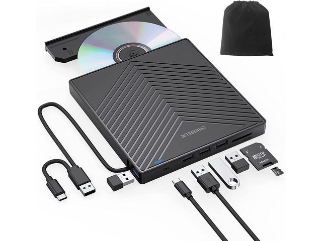 NeweggBusiness ORIGBELIE External CD DVD Drive Ultra Slim CD Burner USB 3.0 with 4 USB Ports and 2 TF SD Card Slots Optical Disk Drive for Laptop Mac PC Windows 11 10 8 7 Linux OS