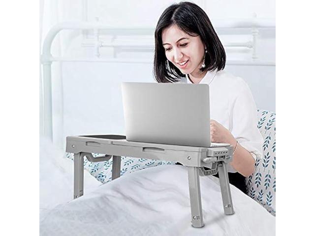 NeweggBusiness Moclever Laptop Table for Bed Multi Functional Laptop Bed Table Tray with Internal Cooling Fan 2 Independent Laptop Stands Foldable 3 Different Height Laptop Desk LED Lamp 4 Port USB