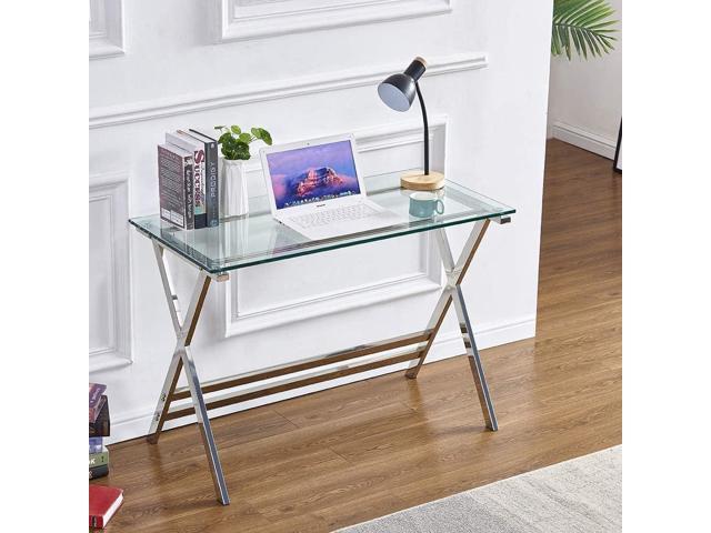 NeweggBusiness FENGHUA GLASS HOME Glass Top Writing Desk Computer Gaming Desk for Small Spaces Student Study Desk Premium Tempered Glass Home Office Desk Clear