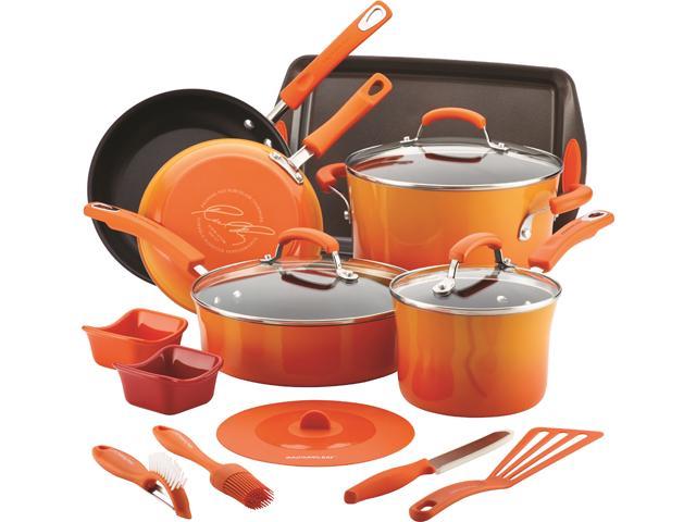 Rachael Ray Hard Enamel Nonstick 16-Piece Cookware Set, Gradient Orange 