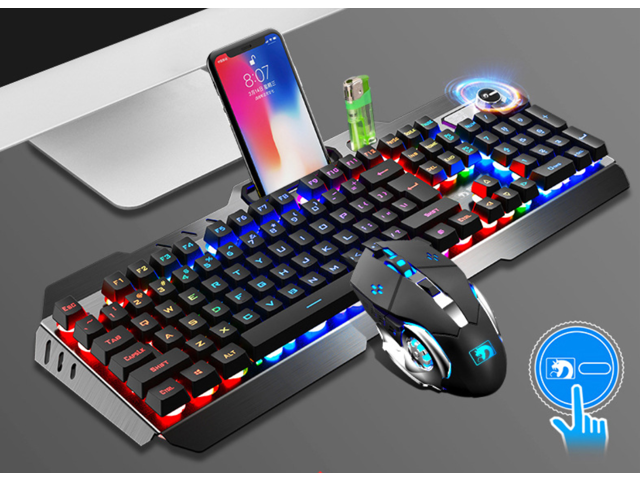 Rainbow LED Backlit Multimedia Ergonomic Usb Gaming Keyboard with a Phone Stand and Lighter Stand +  Gaming Mouse for Laptop Computer