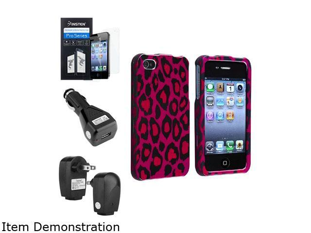 Hot Pink Leopard Hard Case Cover+Car+Home Charger+2 Guard for iPhone® 4 4th G 4S
