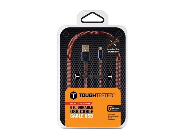 Tough Tested TT-FC6-MICRO 6-Feet Durable Braided USB Cable for Micro USB Equipped Devices - Retail Packaging - Black/Orange